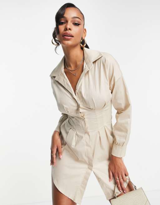 Rebellious Fashion – Tailliertes, langärmliges Hemdkleid in Stein