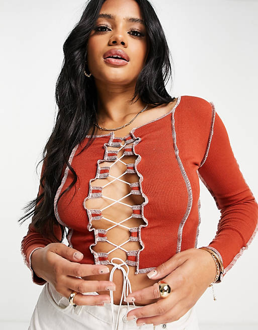 Tops Rebellious Fashion tie front contrast seam top in rust 