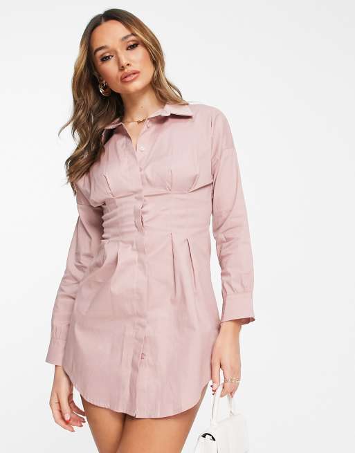 Rebellious Fashion Vestito camicia color cipria con taglio sartoriale in vita