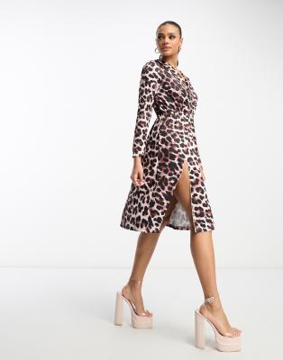 Rebellious Fashion Rebellious Fashion wrap front midi dress in animal-Multi
