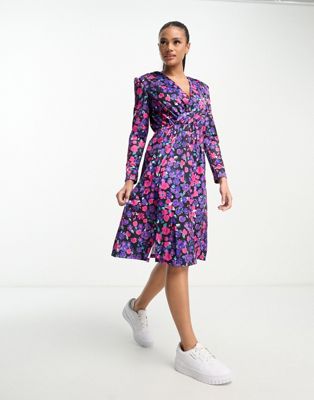 Rebellious Fashion wrap front midi dress in purple, pink and blue floral