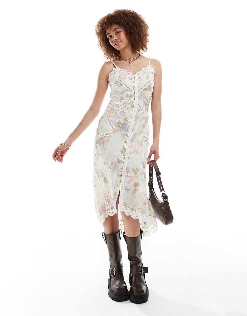 Recalimed Vintage button front slip dress with lace in floral print-Multi