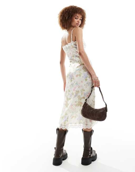 Recalimed Vintage button front slip dress with lace in floral print ASOS