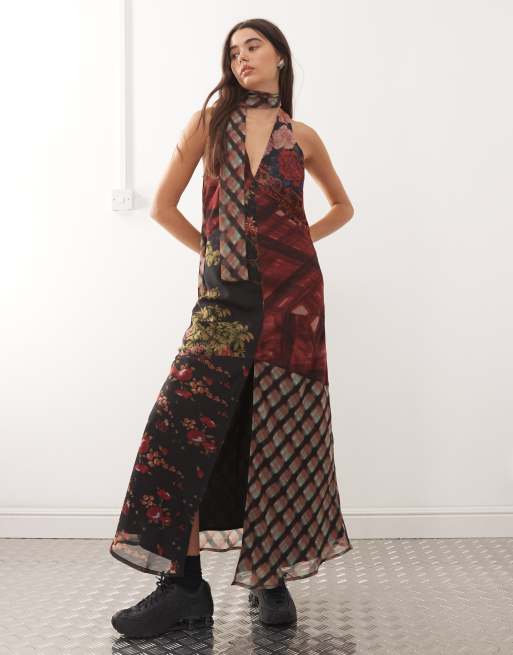 Reclaiemd Vintage - Lange cami-jurk met sjaal in gesplitste bloemen- en ruitprint