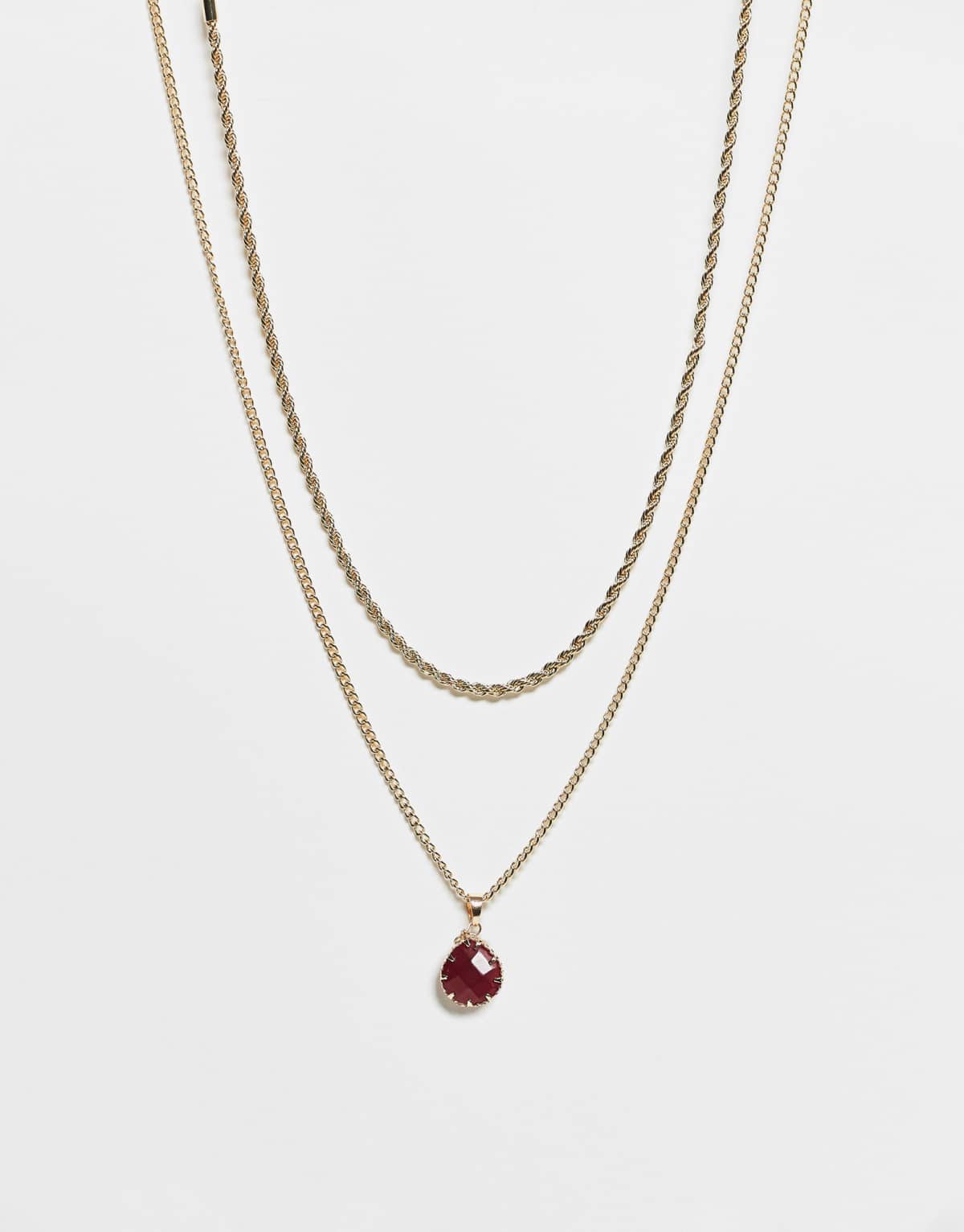 Reclaiemd Vintage unisex 2 row necklace with faux red pendant in gold