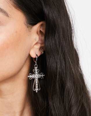 Boucles D'oreilles Clip En Verre Irisé Croix CHORANGE - Bleu, Plaqué Or Jaune, Parfait état Occasion