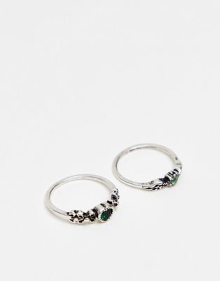 Reclaimed Vinatge dainty grunge ring pack with stone in silver