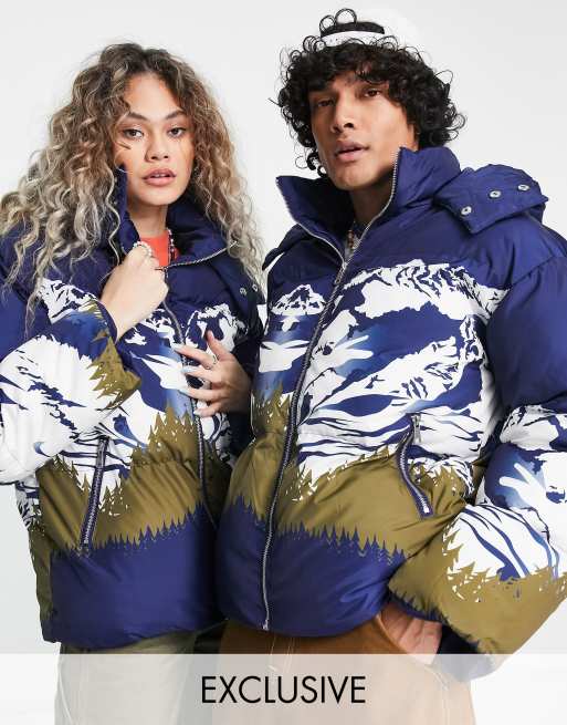 Reclaimed Vintag Inspired - Piumino blu navy unisex con stampa di paesaggio 
