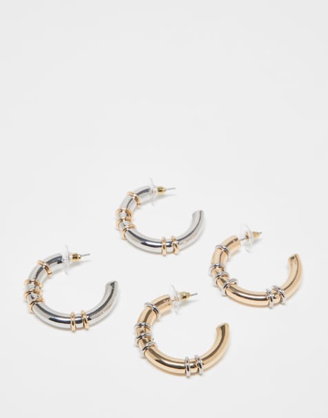 Reclaimed Vintage 2-pack chubby hoop earrings in silver and gold - view 1