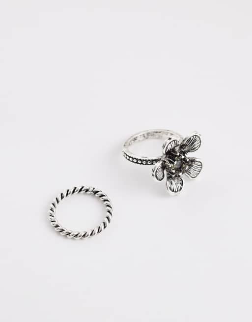 Reclaimed Vintage 2 pack floral boho ring pack in burnished silver