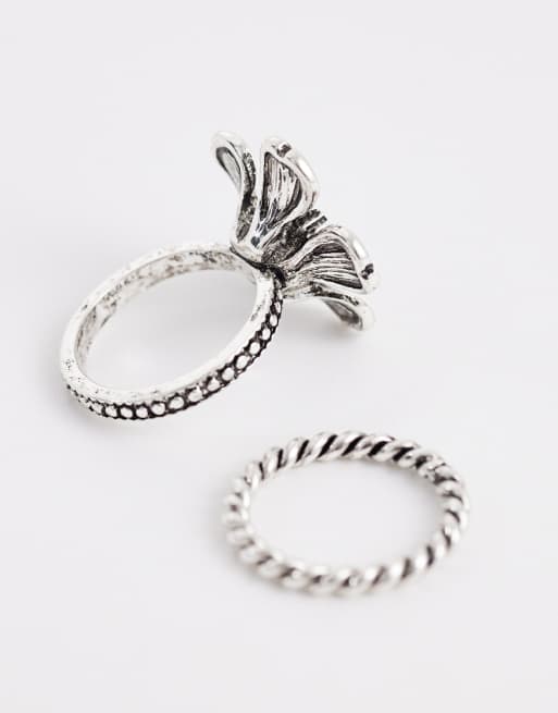 Reclaimed Vintage 2 pack floral boho rings pack in burnished silver tone, 2 of 3