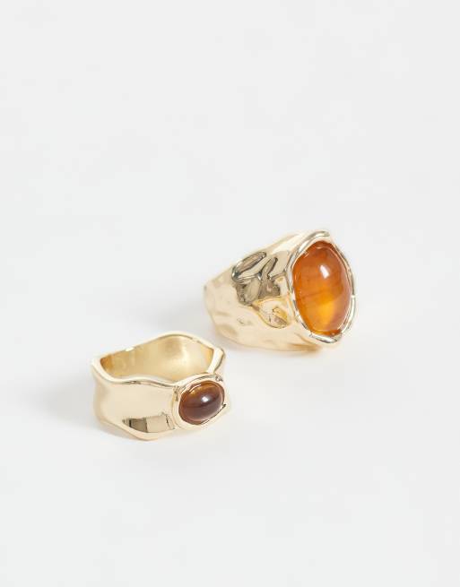 Reclaimed Vintage 2 pack molten tiger's eye stone rings in gold