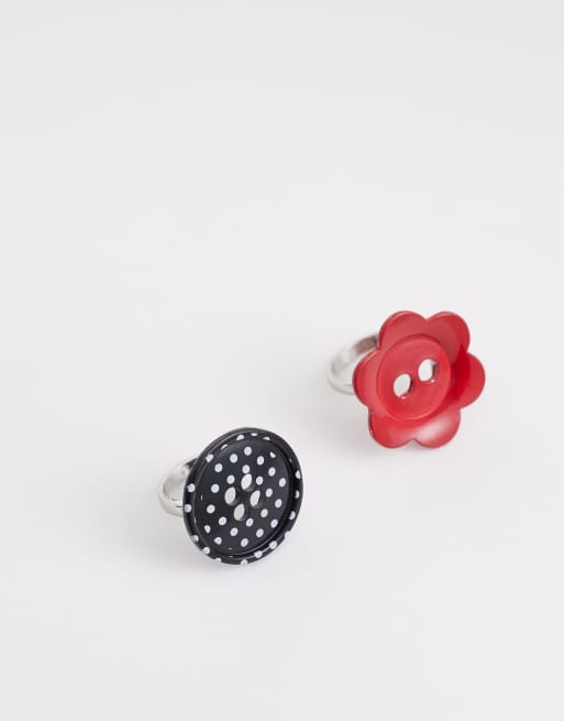 Reclaimed Vintage 2 pack of button rings in red and polka dots