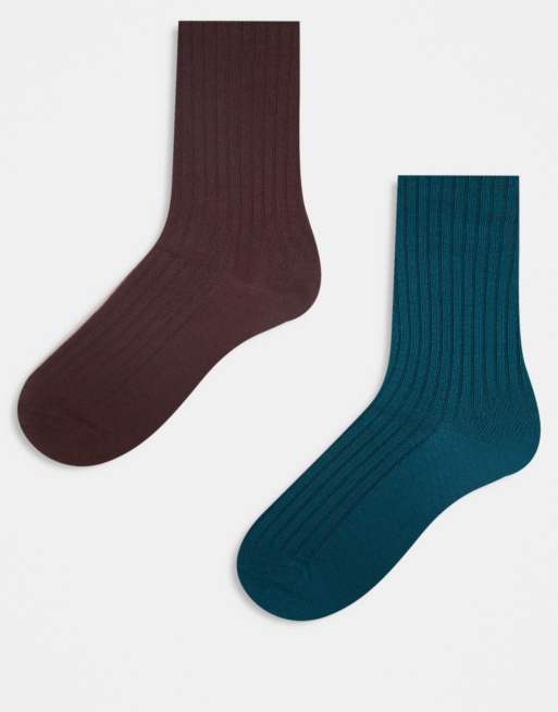 Reclaimed Vintage 2-pack ribbed ankle length socks in chocolate brown and emerald blue