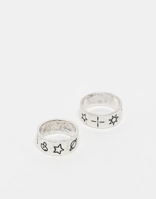 Reclaimed Vintage 2-pack Unisex Rings With Doodles In Burnished Silver