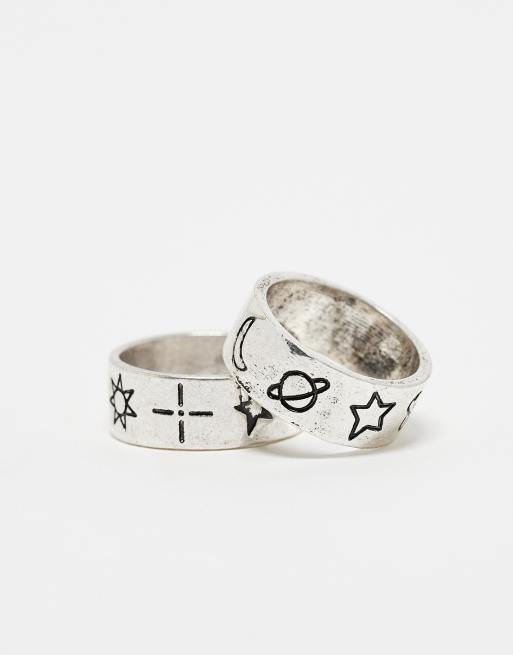 Reclaimed Vintage 2 pack unisex rings with doodles in burnished silver ASOS