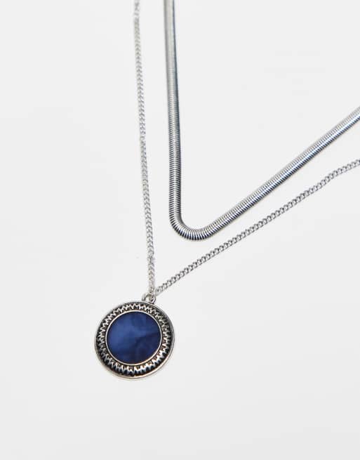 Reclaimed Vintage – 2-reihige Unisex-Halskette in Silber mit blauem Stein, 2 von 3
