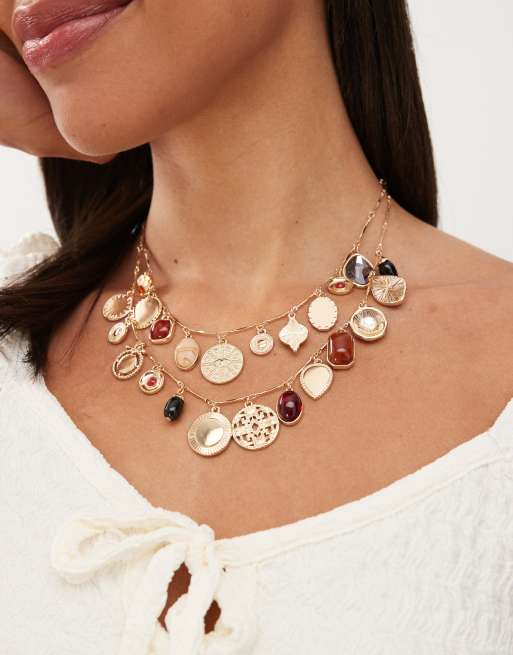 Reclaimed Vintage 2 row charm necklace in gold