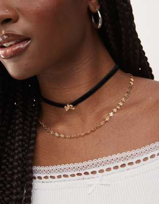 2-row necklace with black velvet choker-Multi