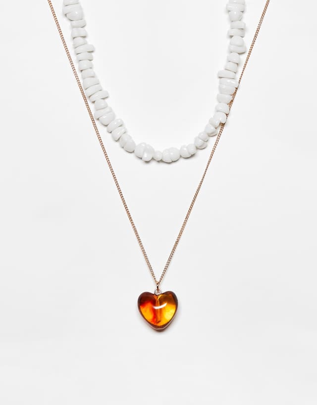 Reclaimed Vintage 2 row necklace with small amber puff heart on chain