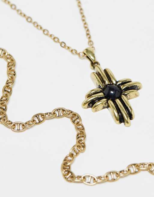 Reclaimed Vintage 2 row square cross necklace in burnished gold chain