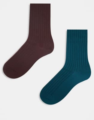 Reclaimed Vintage - 2er-Pack gerippte Knöchelsocken in Schokobraun und Smaragdgrün-Bunt