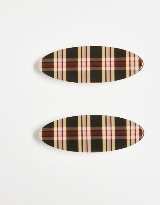 Reclaimed Vintage – 2er-Pack Haarspangen in Braun mit Schottenkaro