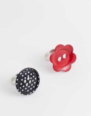 Reclaimed Vintage - 2er-Pack Knopf-Ringe in Rot und mit Punktemuster-Bunt