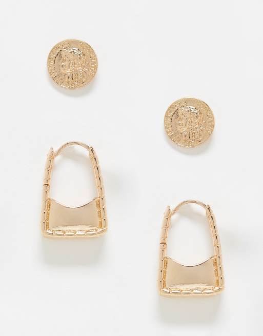 Reclaimed Vintage – 2er-Pack Ohrringe in Gold mit Handtaschen- und Münzdesign