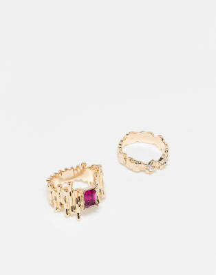 Reclaimed Vintage - 2er-Pack Ringe in Gold mit rosa Stein-Goldfarben