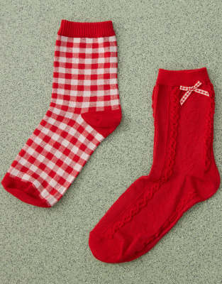 Reclaimed Vintage - 2er-Pack Socken in Rot mit Vichy-Karo