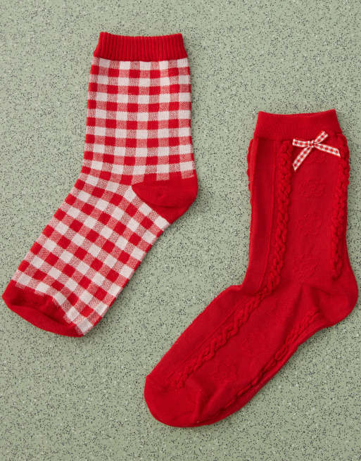 Reclaimed Vintage – 2er-Pack Socken in Rot mit Vichy-Karo