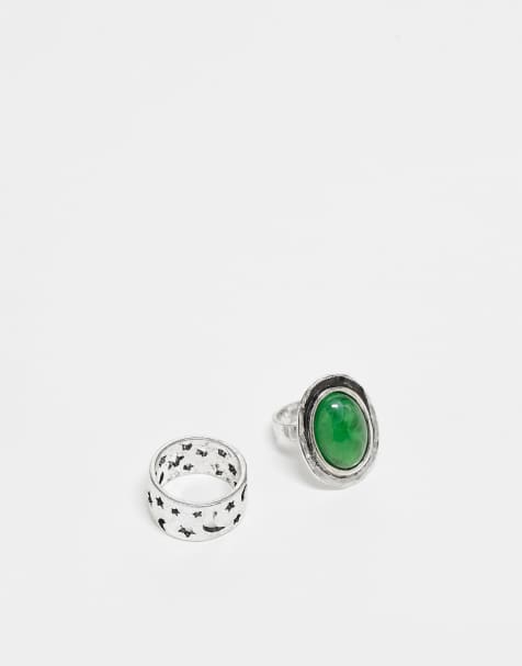 Reclaimed Vintage – 2er-Pack Unisex-Ringe in Silberoptik mit grünem Kunststein - view 1