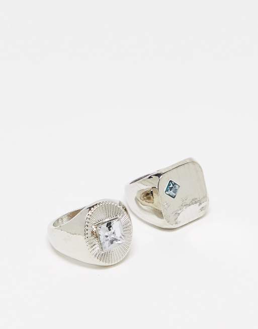 Reclaimed Vintage – 2er-Pack Unisex-Siegelringe in Silberoptik mit Kunstkristall