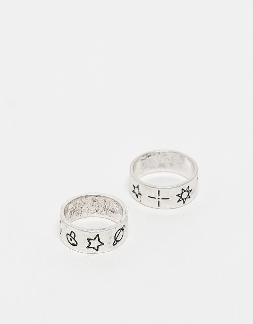 Reclaimed Vintage – 2er-Set Unisex-Ringe in poliertem Silber mit Schriftmotiven