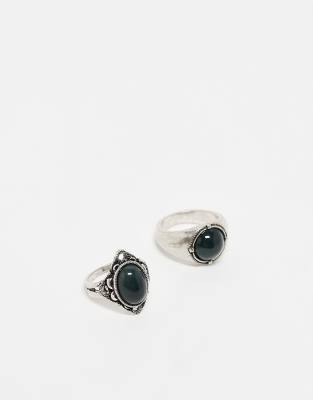 Reclaimed Vintage – 2er-Set Unisex-Ringe in polierter Silberoptik mit Kunststeinen
