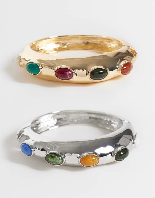 Reclaimed Vintage 2pk mixed metal bangle with colour studs, 1 of 3