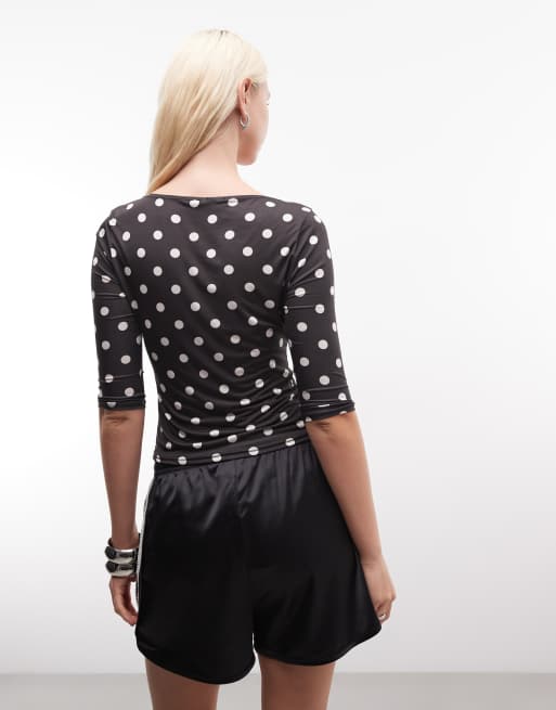 Reclaimed vintage 3/4 sleeve wrap front top in polka dot spot, 4 of 4