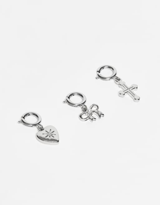 Reclaimed Vintage 3-pack shoe charms with cross, heart and bow in silver