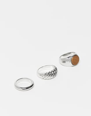 Reclaimed Vintage - 3er-Pack silberfarbene Unisex-Ringe mit Tigerauge-Halbedelstein