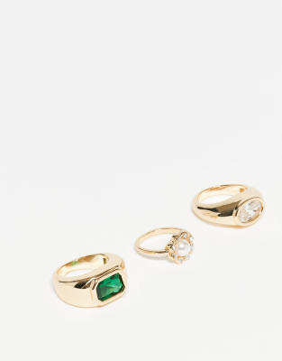 Reclaimed Vintage - 3er-Pack Unisex-Ringe in Gold-Optik mit grünem Kunststein-Goldfarben