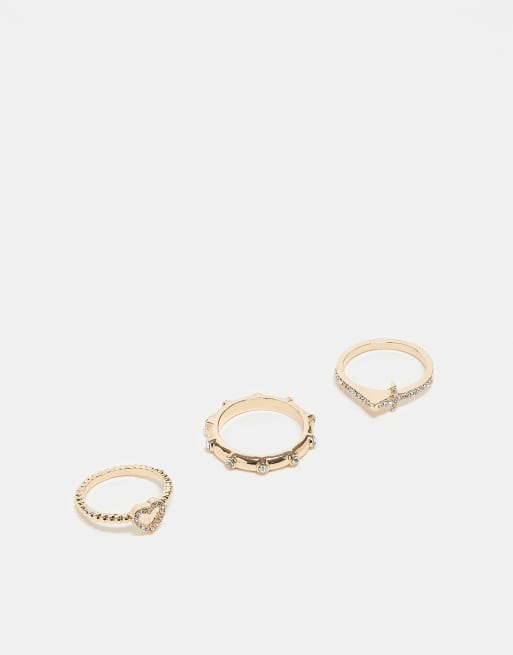 Reclaimed Vintage – 3er-Pack zierliche Ringe in Goldoptik mit Kreuz- und Herzdesign