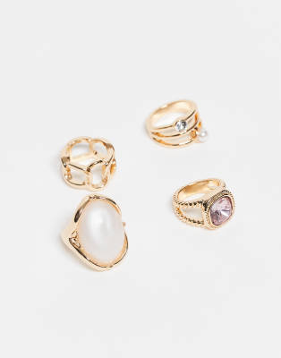 Reclaimed Vintage - 4er-Pack goldfarbene Ringe mit Schmucksteinen