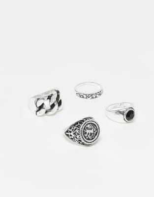 Reclaimed Vintage - 4er-Pack Unisex-Siegelringe im Grunge-Design in gebürsteter Silberoptik