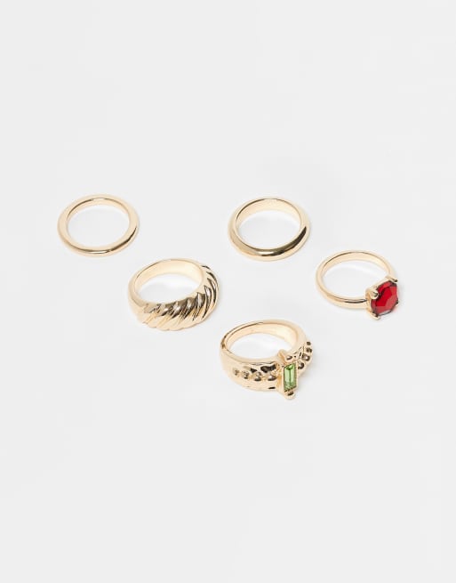 Reclaimed Vintage 5 layering dainty ring pack with faux stones in gold tone