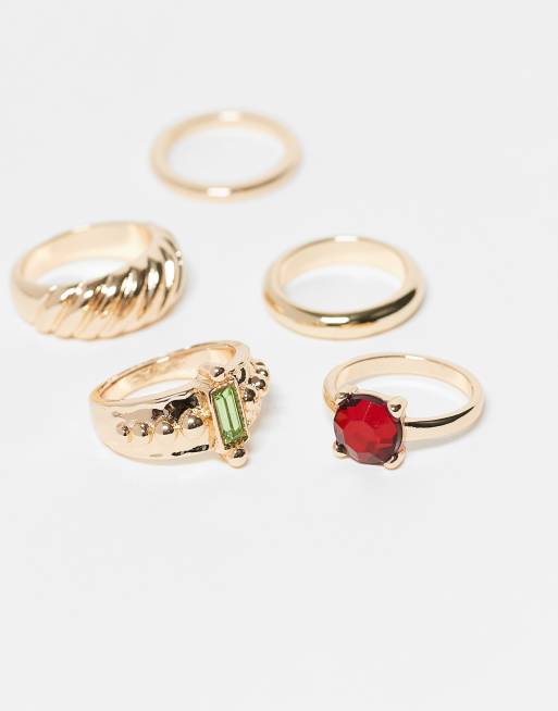 Reclaimed Vintage 5 layering dainty ring pack with faux stones in gold, 2 of 3