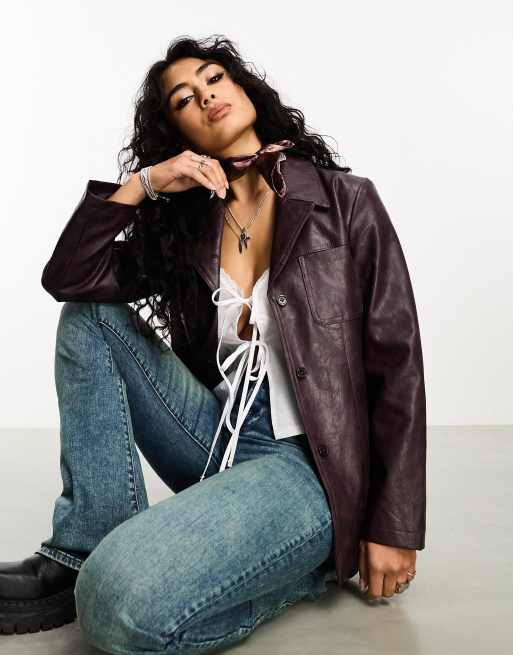 Reclaimed Vintage 90 s distressed faux leather blazer coat in plum