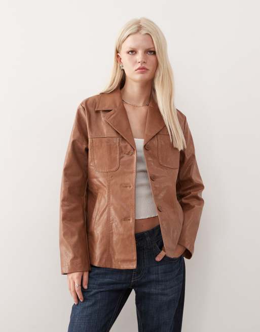 Reclaimed Vintage 90's distressed leather look blazer in tan 