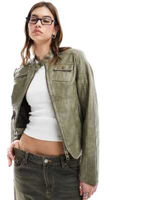 90s leather look moto jacket in sage-Green