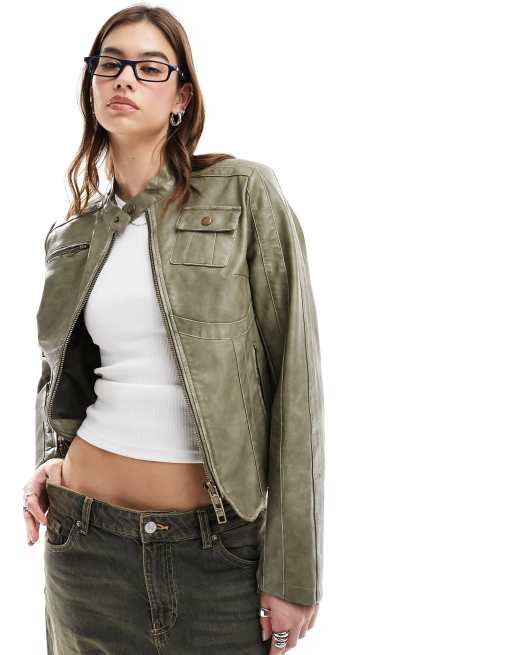  Reclaimed Vintage 90s leather look moto jacket in sage 